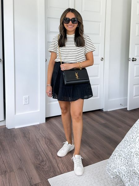 Black and white stripe t-shirt size XXS - oversized fit 
Black skirt size XS TTS 
White sneakers size 6 TTS 

Summer Outfits 
Spring outfits 
European outfits 
Jean shorts  
Country concert 
Country concert outfit 
Summer sandals 
Date night 
Vacation outfits 
Workwear 
Summer workwear  
Linen 

Honey sweet petite 
Honeysweetpetite

#LTKstyletip #LTKfindsunder100 #LTKSeasonal