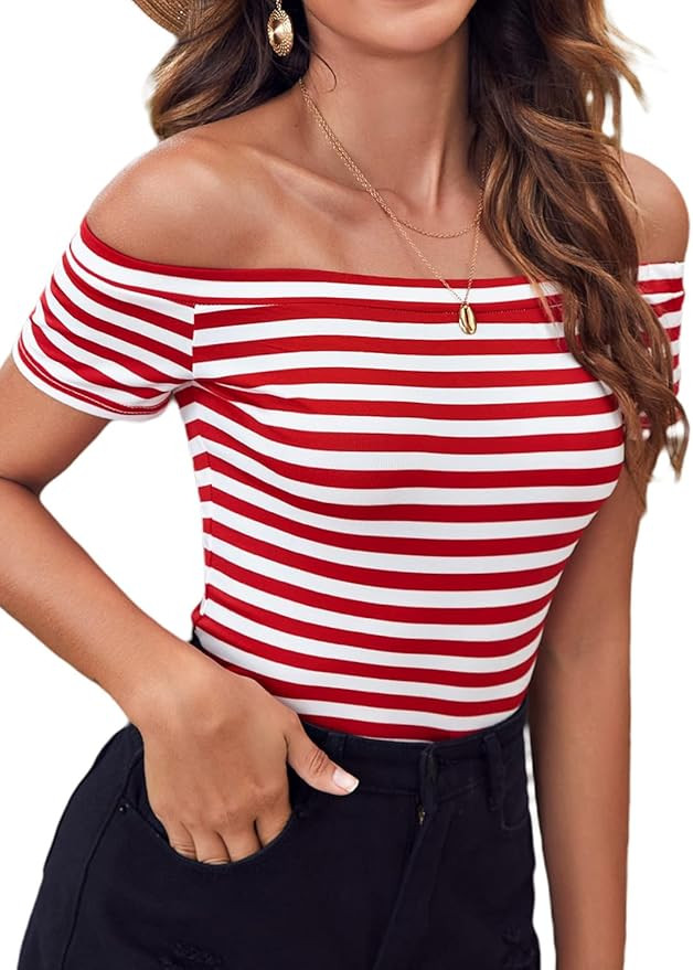 LilyCoco Women's Short Sleeve Vogue Fitted Off Shoulder Shirt Modal Top T-Shirt | Amazon (US)