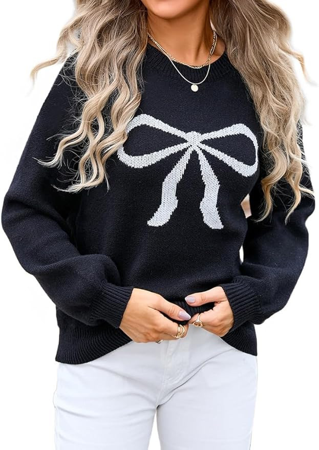 Womens Knitted Pullover Bow Sweater Long Sleeve Crewneck Y2k Casual Bow Top | Amazon (US)