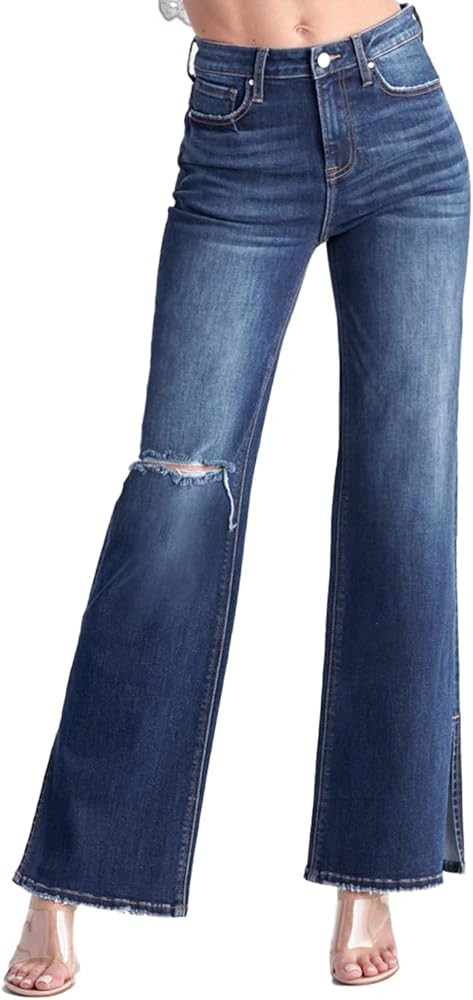 SALT TREE Risen Jeans - High Rise Distressed Wide Flare Jeans - RDP5385 | Amazon (US)