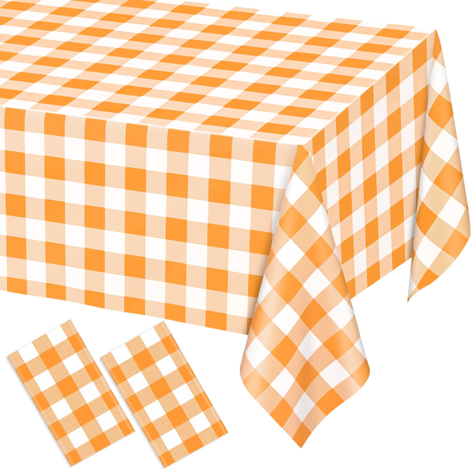 WNINK 2 Pack Orange and White Checkered Rectangular Plastic Tablecloths, Orange Gingham Waterproo... | Amazon (US)