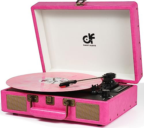 Vintage Bluetooth Suitcase Record Player with Built-in Speakers, 3 Speed Portable Turntable with USB Vinyl Audio Recorder RCA AUX-in & Headphone Jack (Pink) | Amazon (US)