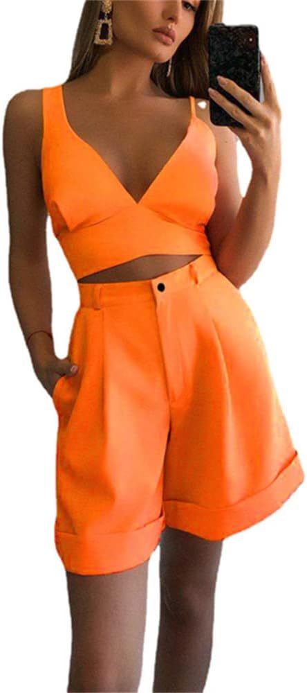 Ladies Summer Two-Piece Suit, Solid Color Bandeau Top High-Waisted Shorts Two-Piece Suit | Amazon (US)