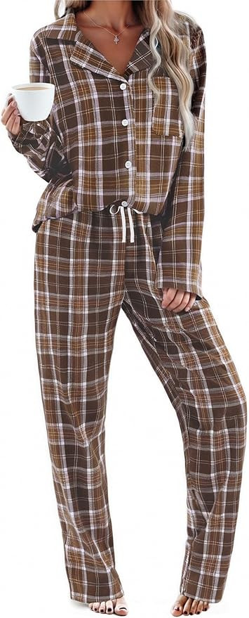 Ekouaer Womens Pajama Sets 2 Piece Cotton Plaid Pjs Long Sleeve Sleepwear Button Down Lounge Set ... | Amazon (US)
