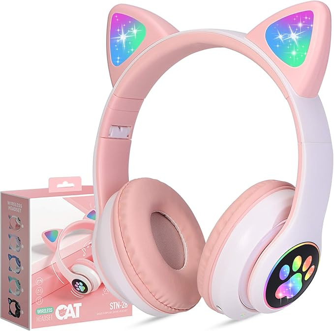 Kids Wireless Headphones TCJJ Cat Ear LED Light Up Bluetooth Foldable Headphones Over Ear w/Micro... | Amazon (US)