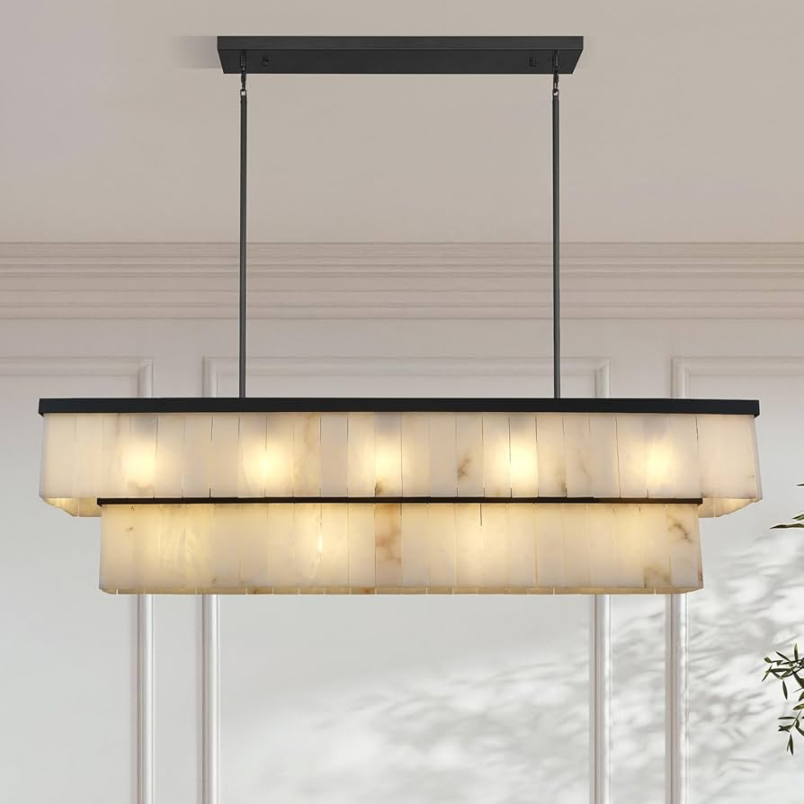 L54in Alabaster Rectangular Chandelier, Black Natural Spanish Marble Chandeliers with Stone Textu... | Amazon (US)