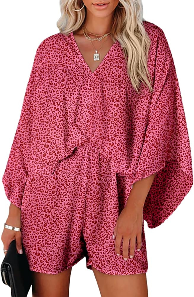Dokotoo Womens Lepoard Print Summer Rompers Cruise Outfits Wrap V Neck Loose Oversized Jumpsuits ... | Amazon (US)