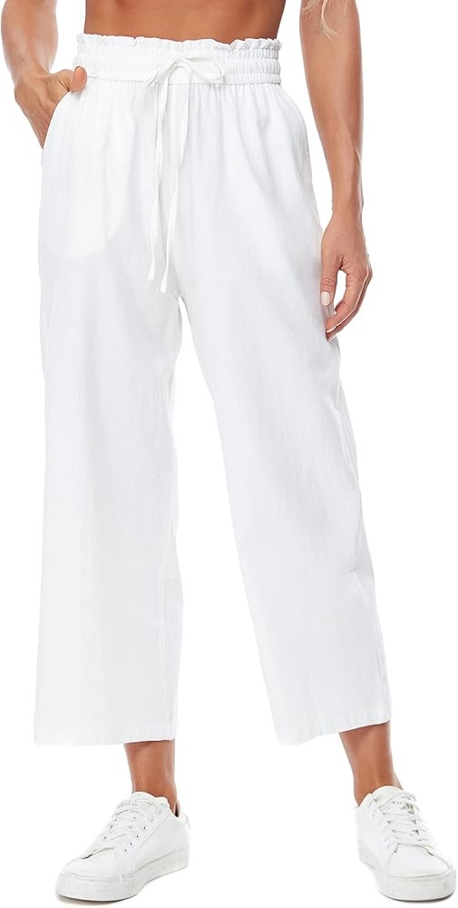 BCOFUI Womens Linen Wide Leg Pants High Waisted Drawstring Baggy Loose Beach Trousers with Pocket | Amazon (US)