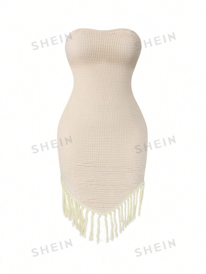 SHEIN SXY Plus Size Solid Color Strapless Fringed Hem Dress | SHEIN USA | SHEIN
