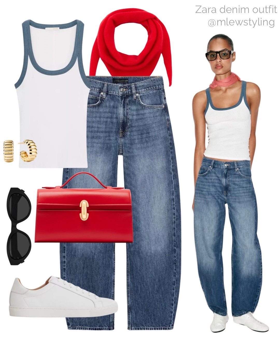 Cool girl outfit for the weekend ♥️

Tags: Zara summer outfit, spring outfit formula, barrel leg jeans, white sneakers, black sunglasses, red bag, savette clutch, white tank, red bandana

#LTKjeans #LTKsummer #LTKbag