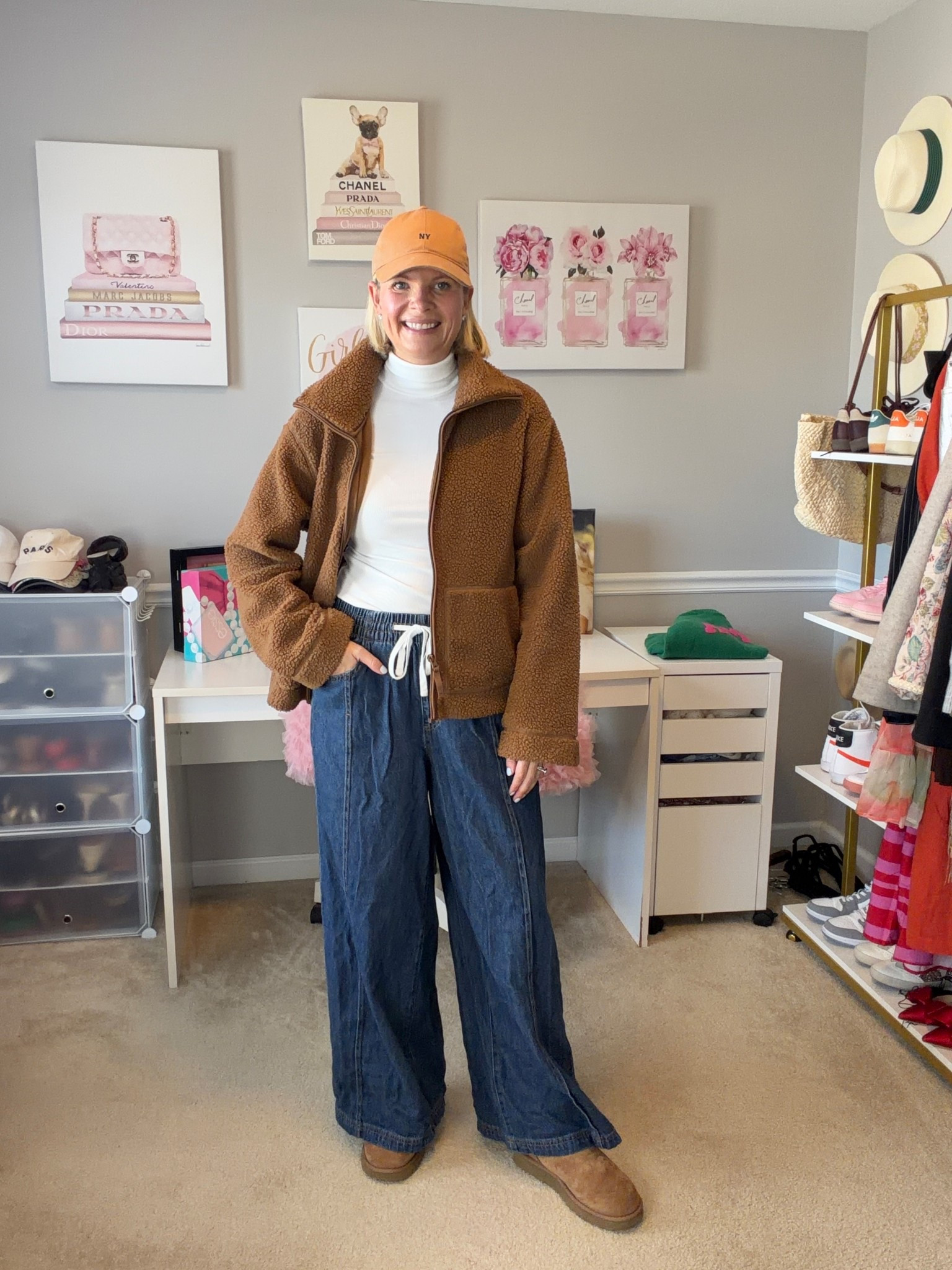 Brown full zip teddy fleece TTs (I went up to a large)
Off white ribbed mock neck TTS
Wide leg dark wash drawstring jeans TTs

#LTKootd #LTKMidsize #LTKSeasonal