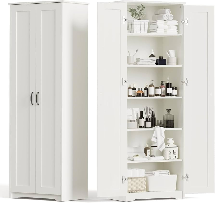70" Tall Storage Pantry Cabinet, Bathroom Floor Organizer Storage Cabinet with 2 Doors and 6 Adju... | Amazon (US)