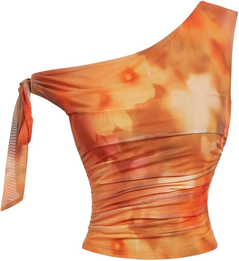 WDIRARA Women's Floral Mesh One Shoulder Crop Top Tie Dye Asymmetrical Sleeveless Tops | Amazon (US)