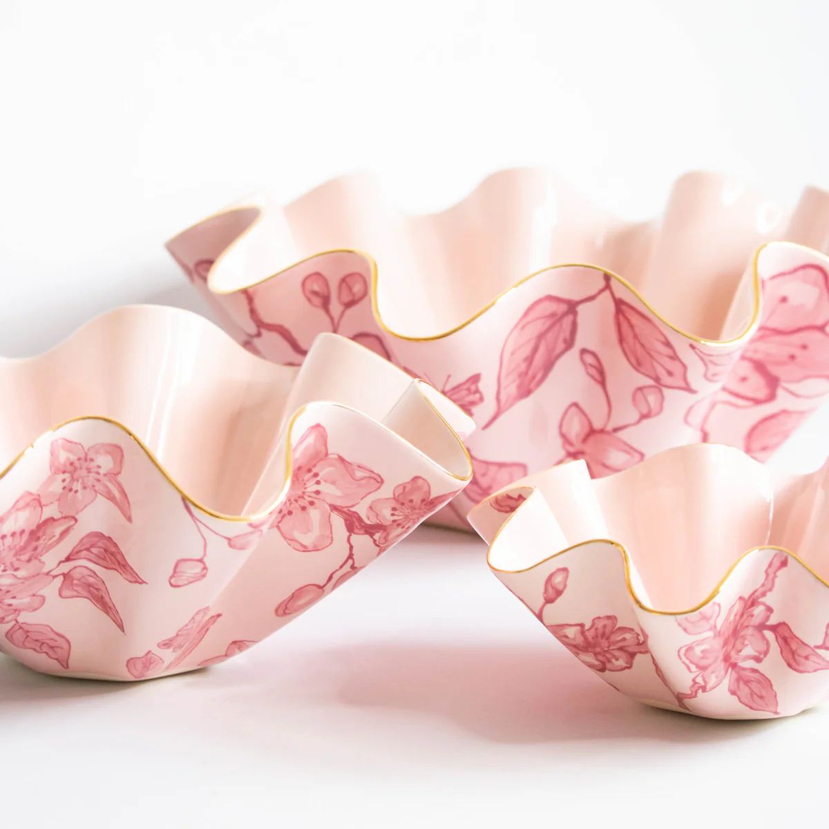 Peony Blossom Chinoiserie Abstract Wavy Bowls | Susan Gordon Pottery