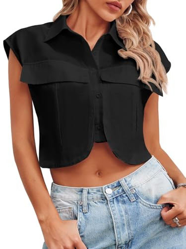 Tankaneo Womens Button Down Shirts Cute Summer Cap Sleeve Crop Tops Blouse | Amazon (US)