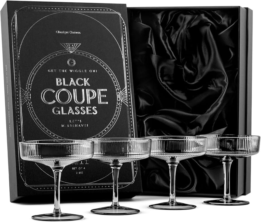 GLASSIQUE CADEAU Vintage Art Deco Smoke Black Coupe Glasses | Set of 4 | 7 oz Ribbed Cocktail Gla... | Amazon (US)