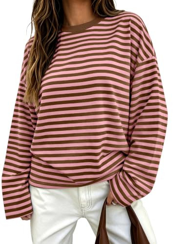 ANRABESS Womens Long Sleeve Shirts Oversized Tops,Pink Brown Stripe,XL | Amazon (US)