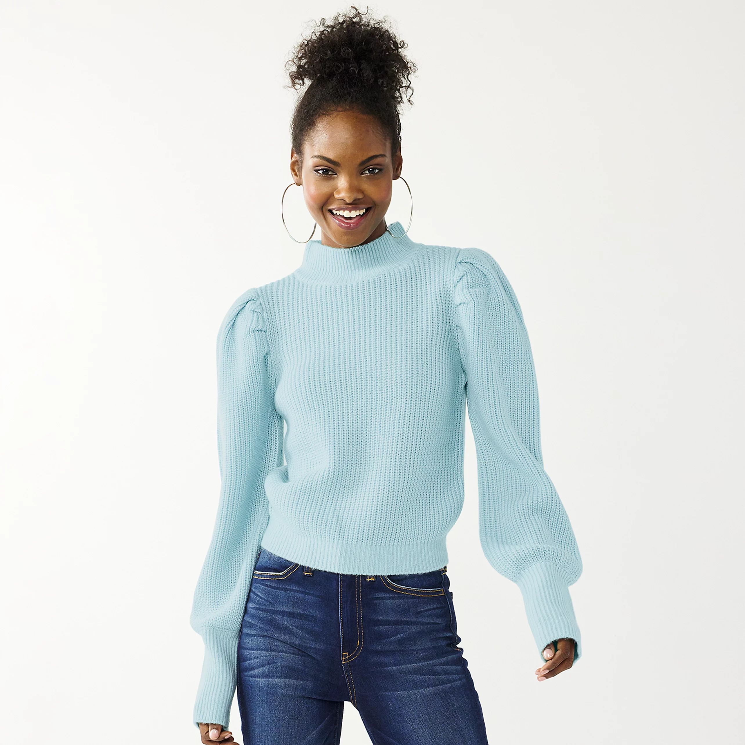 Juniors' SO® Mock Turtleneck Puff Sleeve Sweater | Kohl's