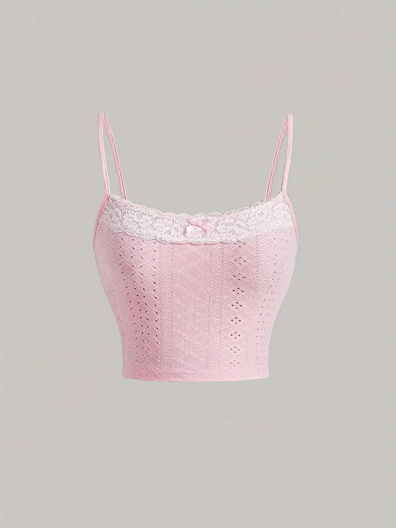 Vibrant Color Block Crop Cami Top - Tanks & Camis with Lace Contrast, Bow Decor, Eyelet Details, ... | Temu Affiliate Program