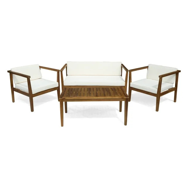 Maddox Outdoor 4-Seater Acacia Wood Chat Set with Coffee Table, Teak and Beige - Walmart.com | Walmart (US)