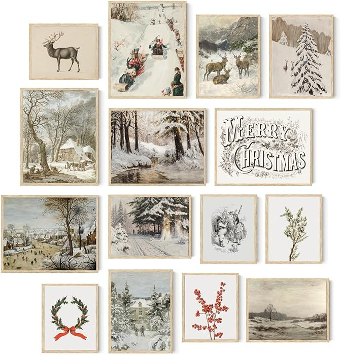 Roslynity Vintage Christmas Wall Art Prints Set of 15 Large Posters Reindeer Pine Tree Decoration... | Amazon (US)