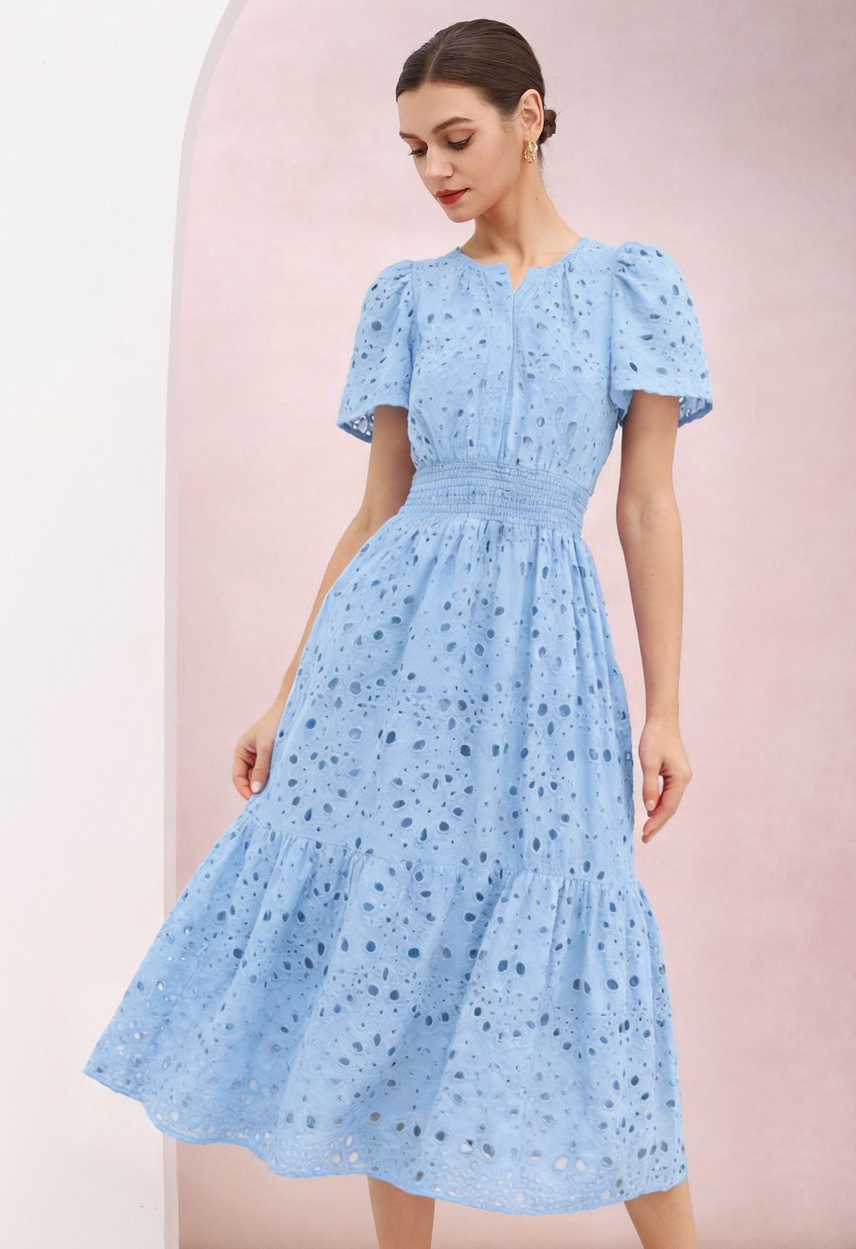 Blue Eyelet Embroidery Shirred Waist Cotton Midi Dress for City Brunch & Gallery Openings | Chicwish