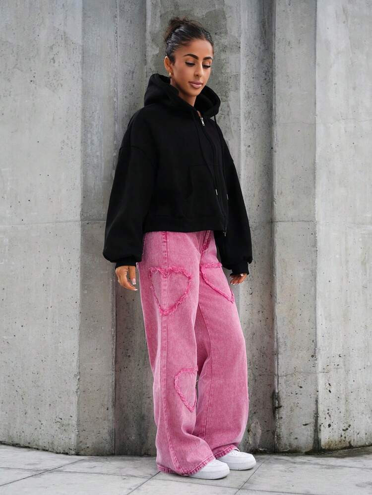 SAYEHFBABY Women's Pink Jeans Heart Pattern Y2K Summer Wide Leg Pants Comfortable Elastic Waistband | SHEIN