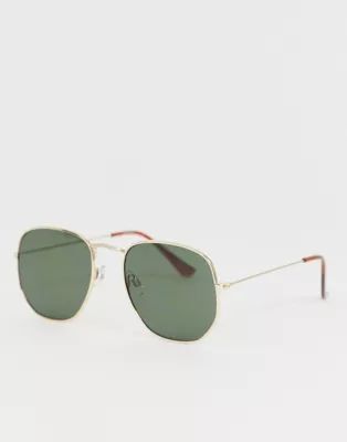 ASOS DESIGN angular metal frame sunglasses with g15 lens in gold | ASOS UK