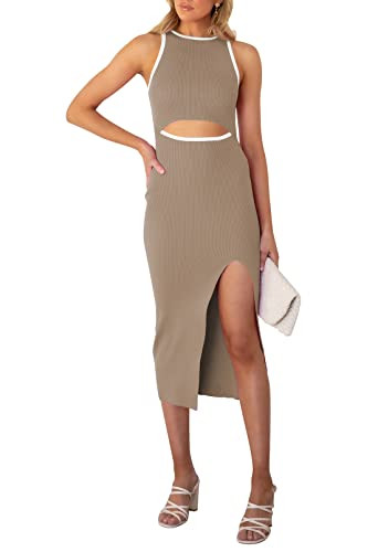 Pink Queen Women's Cutout Crew Neck Sleeveless Tank Slit Ribbed Bodycon Midi Dresses | Amazon (US)