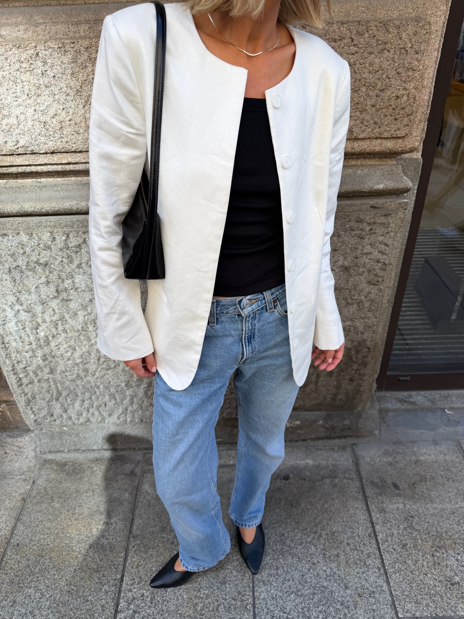 🤍

white collarless blazer, cream linen jacket, black tube top, black bandeau, straight leg jeans, light wash denim, black pointed toe flats, black shoulder bag, gold necklace, street style, European street style, casual chic outfit, off duty style, autumn transitional dressing, elevated basics, quiet luxury, monochrome styling, ltkstyletip, ltkseasonal, ltkfindsunder100, ltkitbag

#LTKjeans #LTKeurope #LTKdatenight