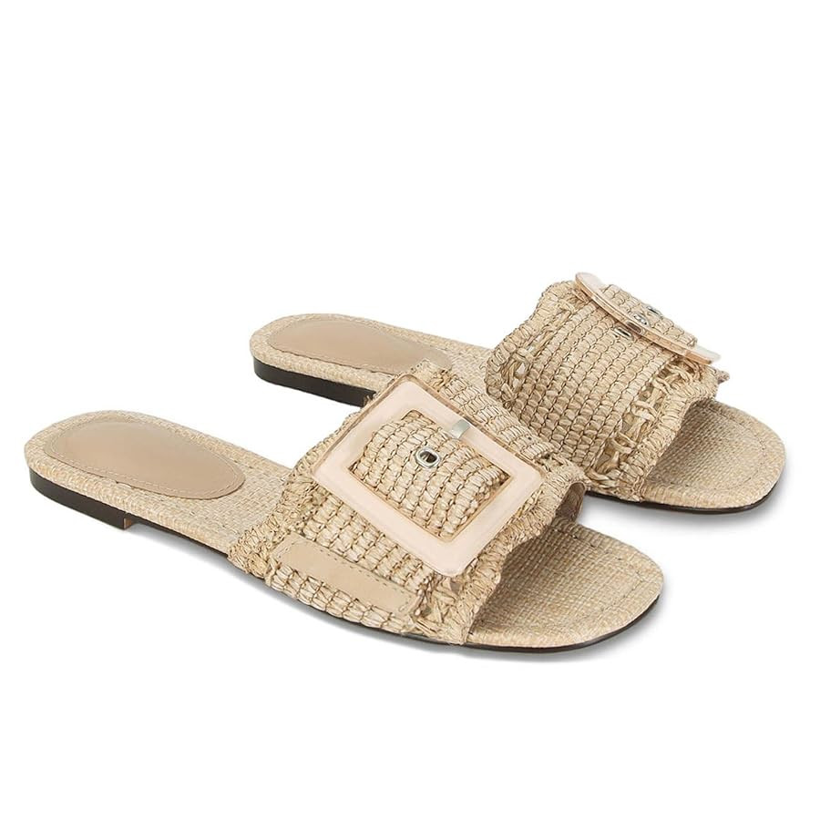 Raffia Sandals for Women Buckle Straw flats Woven Braided Rattan Slides Summer Beach Sandals Comf... | Amazon (US)
