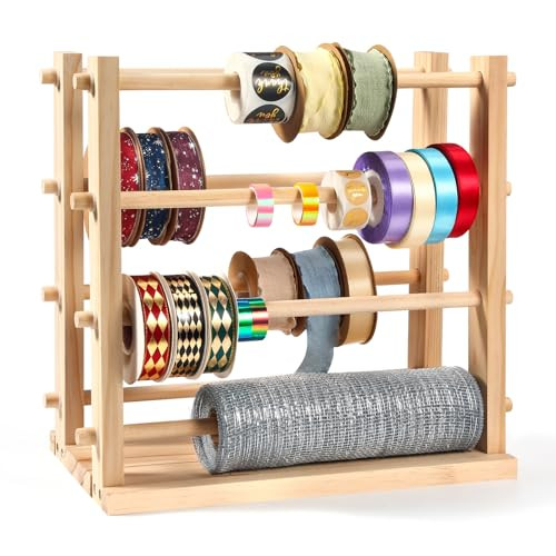 NewEle Two-row Ribbon Holder Organizer Rack - Wooden Ribbon Spool Holder for Mesh Ribbon Wreath Thread Tulle Roll Washi Tape, Ribbon Organizer for Craft Room, Florist Supplies, Wrapping Craft | Amazon (US)