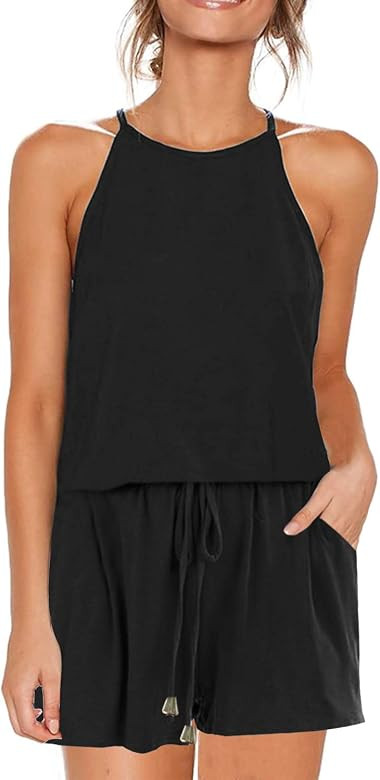 Mokayee Womens Summer Halter Neck Sleeveless Tank Tops Casual Short Jumpsuit Rompers | Amazon (US)