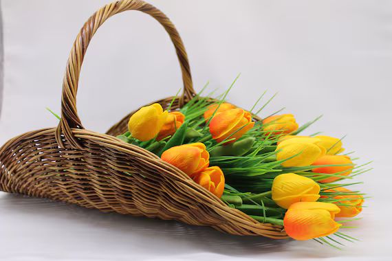 French wicker flower basket in gold melange color, wedding flower basket with handle, oval interi... | Etsy (US)