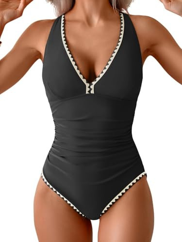 B2prity One Piece Swimsuit for Women Tummy Control Ruched Bathing Suit Black, White | Amazon (US)