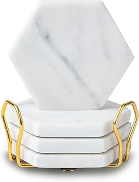 Cork & Mill Marble Coasters for Drinks - Set of 4 Handcrafted Hexagon Coasters with Holder | Amazon (US)