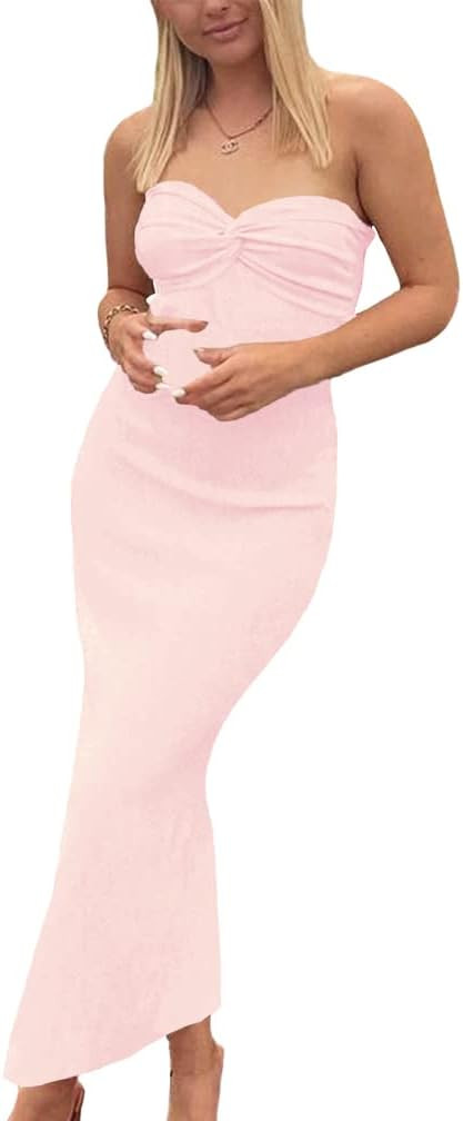 Sdencin Women Sexy Twist Knot Front Ribbed Knit Bodycon Bandeau Tube Dress Casual Solid Strapless... | Amazon (US)
