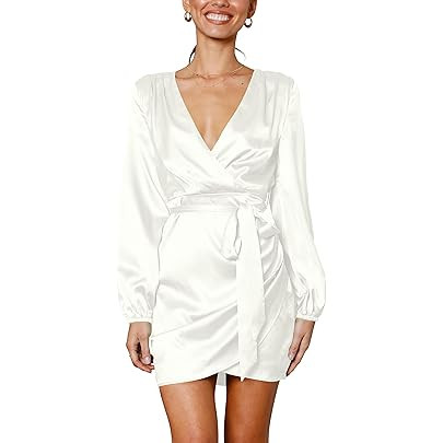 PeoKia Women's Sexy V Neck Long Puff Sleeve Satin Mini Dress Casua… | Amazon (US)