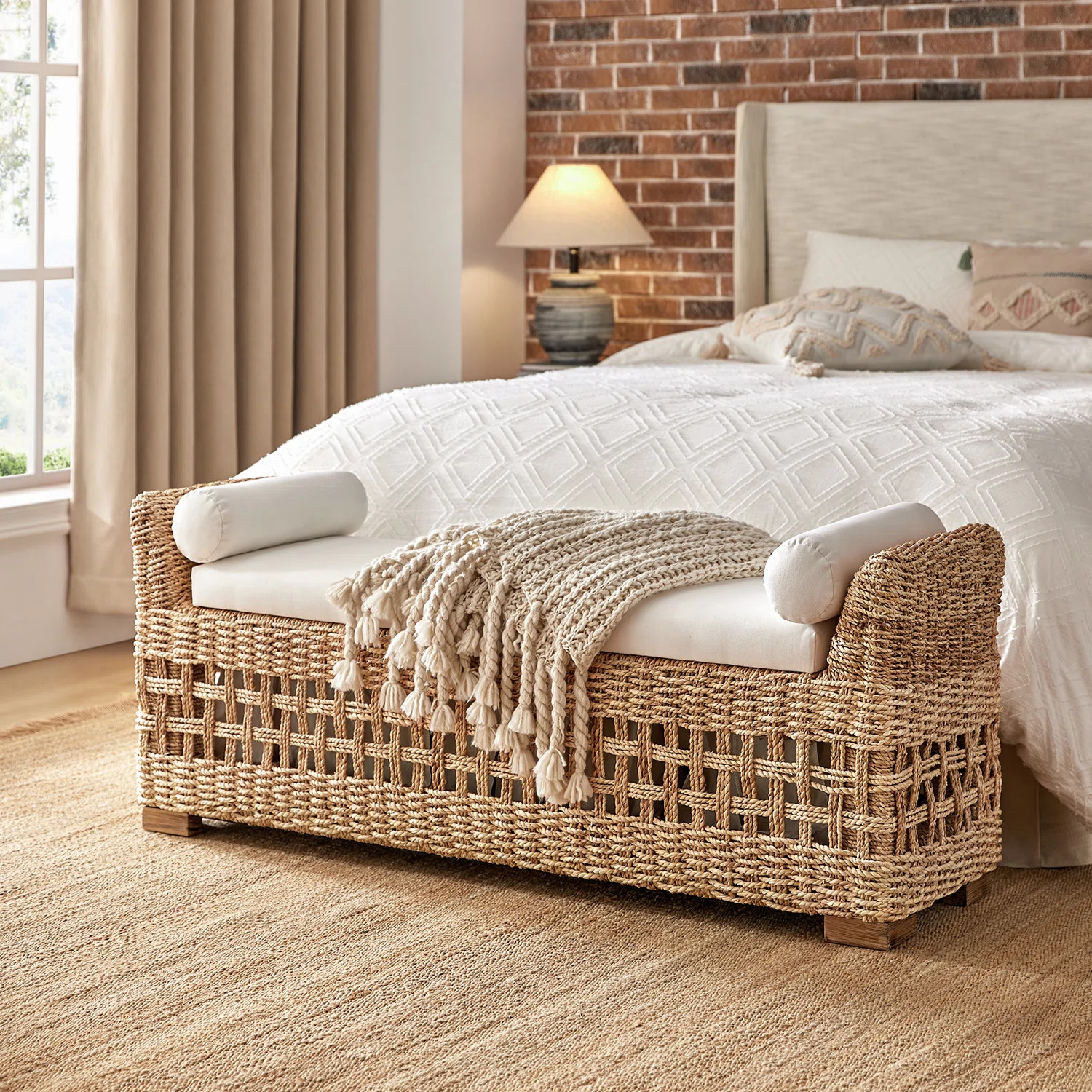 Anesty 56'' W Flip Compartment Storage Rattan Upholstered Bench with Two Pillows and Solid Wood F... | Wayfair North America