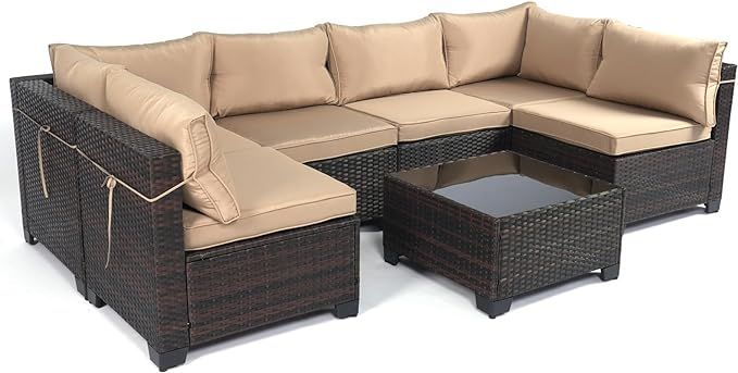 7 Pieces Outdoor Patio Furniture Sets,Rattan Conversation Sectional Set,Manual Weaving Wicker Pat... | Amazon (US)