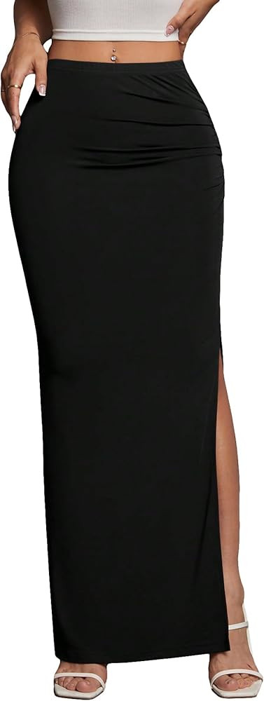 Women's High Waist Maxi Skirt Ruched Side Split Thigh Elegant Bodycon Long Skirts | Amazon (US)