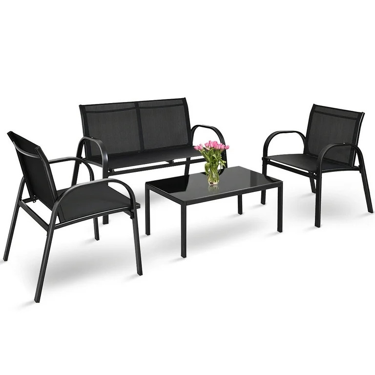 Costway 4 PCS Patio Furniture Set Sofa Coffee Table Steel Frame Garden Deck Black | Walmart (US)