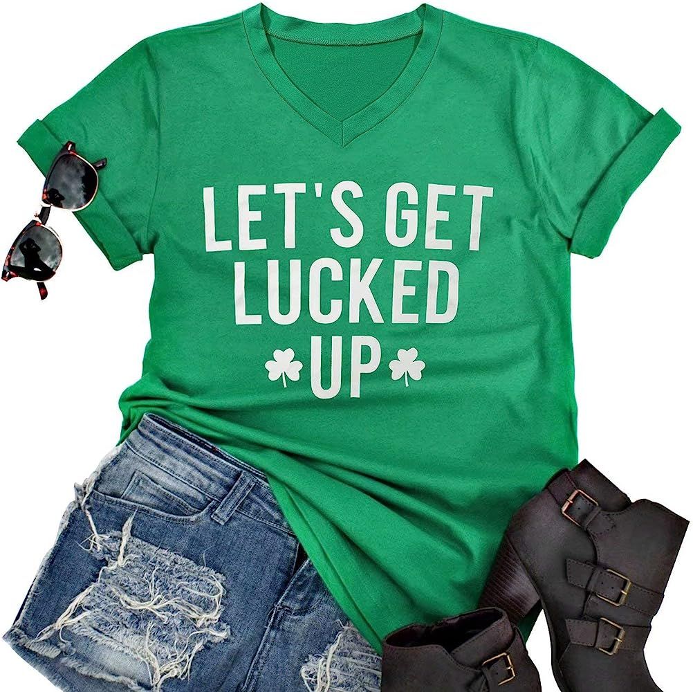 FLOYU Clover Shirt Women Let's Get Lucked Up Letters Print T Shirt Funny Irish Shamrock Tee St Patri | Amazon (US)