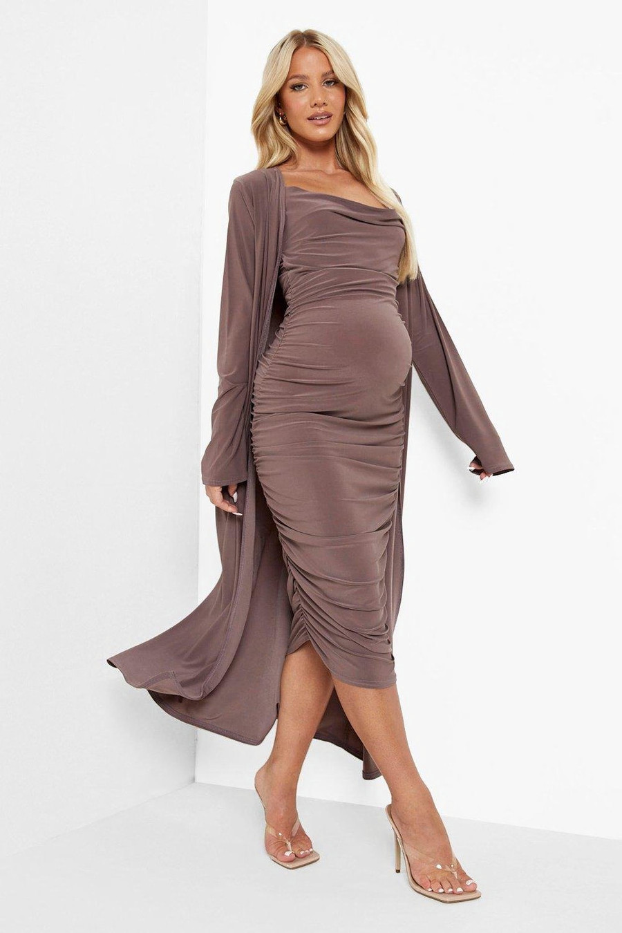 Maternity Strappy Cowl Neck Dress And Duster Coat | Boohoo.com (US & CA)