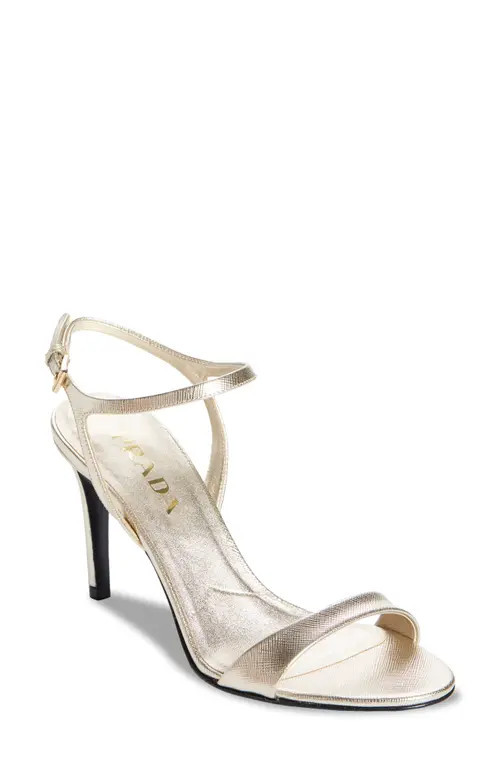 Prada Saffiano Metallic Leather Ankle Strap Sandal in Pirite at Nordstrom, Size 40.5 | Nordstrom