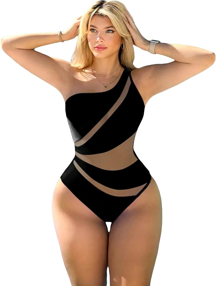 MakeMeChic Women's Color Block One Shoulder Mesh Insert One Piece Swimsuit Sexy Bathing Suit | Amazon (US)
