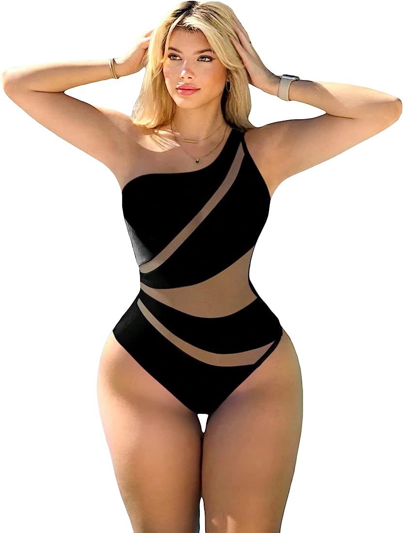 MakeMeChic Women's Color Block One Shoulder Mesh Insert One Piece Swimsuit Sexy Bathing Suit | Amazon (US)