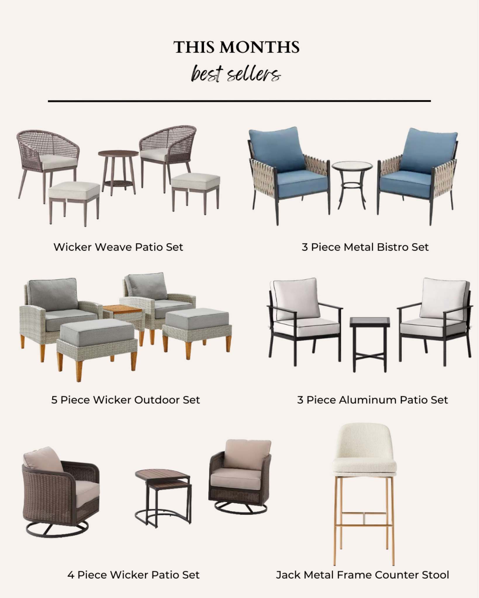 May Best Sellers:

* Wicker Weave Patio Set 

* 3 Piece Metal Bistro Set 

* 5 Piece Wicker Outdoor Set 

*3 Piece Aluminum Patio Set 

*4 Piece Wicker Patio Set 

*Jack Metal Frame Counter Stool 

#LTKFind #LTKSeasonal #LTKhome