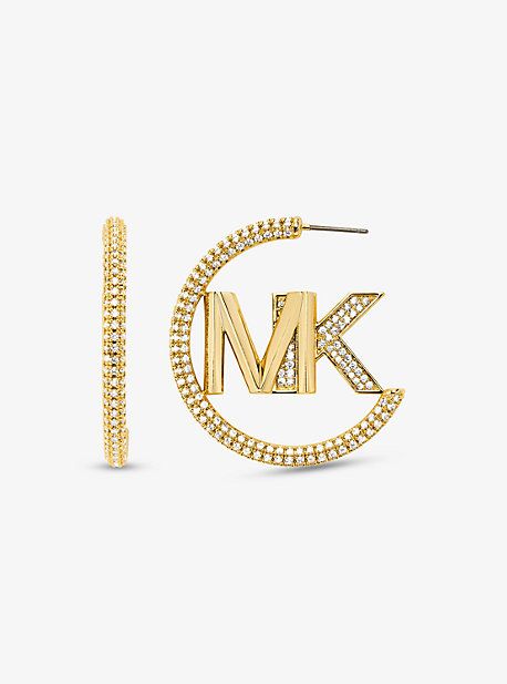 14K Gold-Plated Brass Pavé Logo Hoop Earrings | Michael Kors US