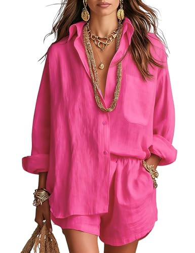 Gozoloma Women's 2 Piece Cotton Linen Set Adjustable 3/4 Sleeve Button Down Shirt & Shorts with Pockets Casual Summer Outfit(HotPink-S) | Amazon (US)